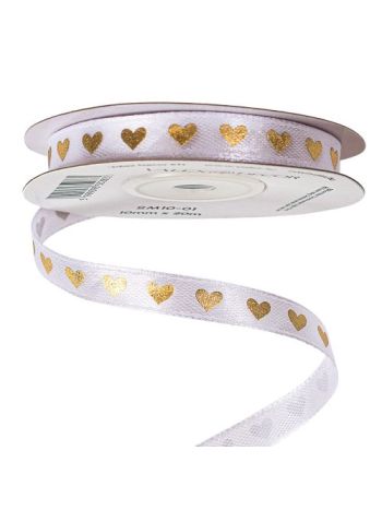 Arany szívecskés szatén szalag 10mm x 20m - Fehér