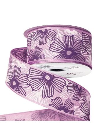 Virágmintás prémium textil szalag drótos szegéllyel 38mm x 6.4m - Lila